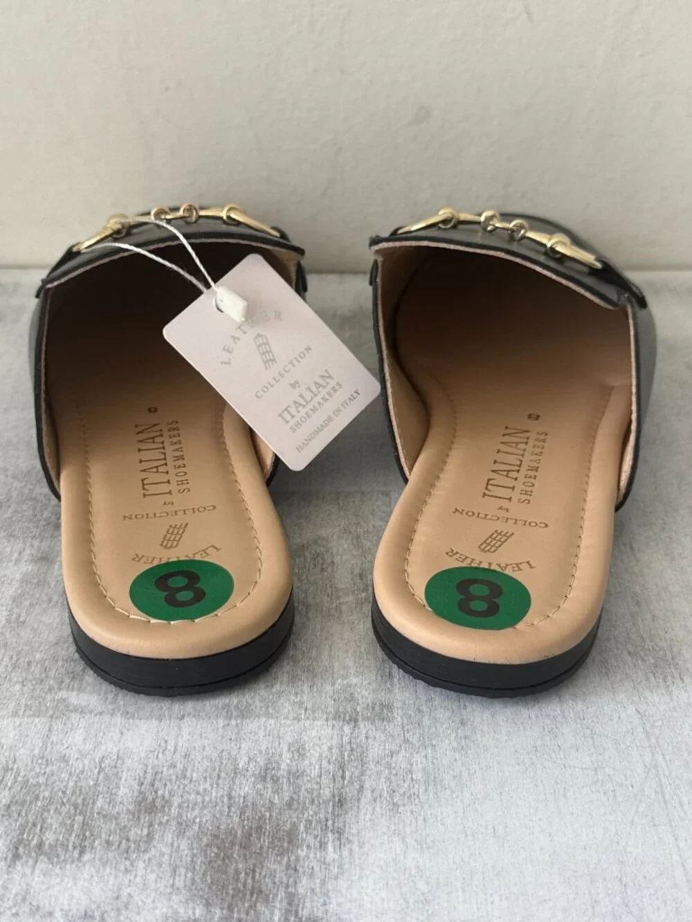 Black Leather Slide Mules with Gold Bit Accent Sz.8